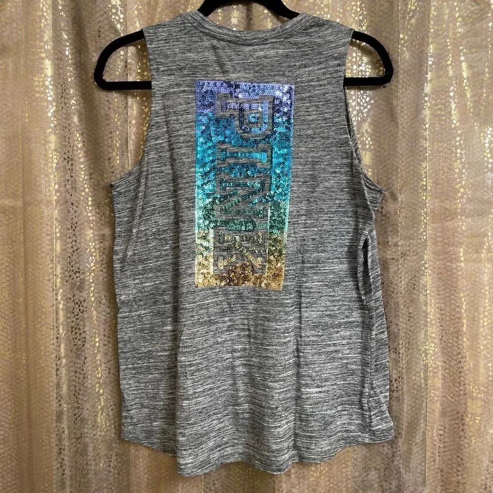 PINK Victorias Secret Gray Sequin Bling Colorful Ombre Tank Top, Small
